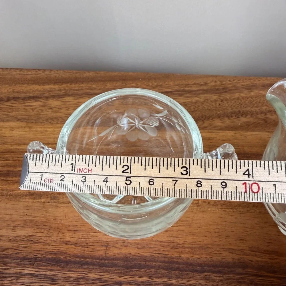 Paden City Gazebo Glass Creamer and Sugar Set Vintage Etched Floral Wing Handles